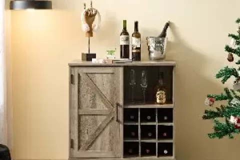 Farmhouse Coffee Bar Cabinet Bar Cabinet With Wine Rack Barn Door Buffet Sideboard Cabinet With Drawer, Adjustable Storage Shelves, Living Room, Dining Room