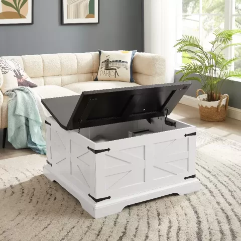 Farmhouse Coffee Table, Square Wood Center Table With Large Hidden Storage Compartment For Living Room, Barn Design Center Table Rustic Cocktail Table With Hinged Lift 1