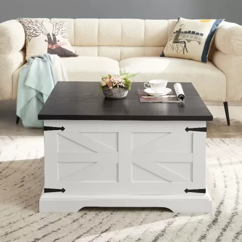 Farmhouse Coffee Table, Square Wood Center Table With Large Hidden Storage Compartment For Living Room, Barn Design Center Table Rustic Cocktail Table With Hinged Lift 5