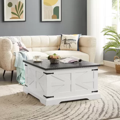 Farmhouse Coffee Table, Square Wood Center Table With Large Hidden Storage Compartment For Living Room, Barn Design Center Table Rustic Cocktail Table With Hinged Lift 6