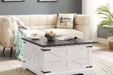 Farmhouse Coffee Table, Square Wood Center Table With Large Hidden Storage Compartment For Living Room, Barn Design Center Table Rustic Cocktail Table With Hinged Lift Top For Ho
