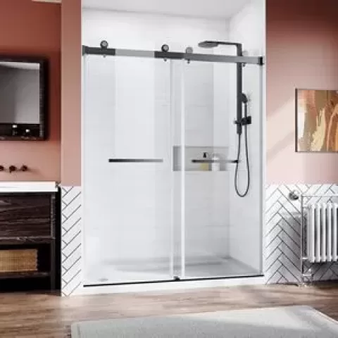 Frameless Sliding Shower Glass Door 56-60 in.W x 76 in. H,3/8"(10mm) Thick Clear Tempered Glass,Heavy Duty Stainless Steel Hardwares,Matte Black