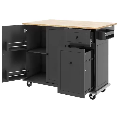 Kitchen Island With Drop Leaf, 53.9 Width Rolling Kitchen Cart On Wheels With Internal Storage Rack And 3 Tier Pull Out Cabinet Organizer, Kitchen Storage Cart With Spice 11
