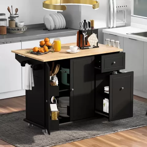 Kitchen Island With Drop Leaf, 53.9 Width Rolling Kitchen Cart On Wheels With Internal Storage Rack And 3 Tier Pull Out Cabinet Organizer, Kitchen Storage Cart With Spice 15