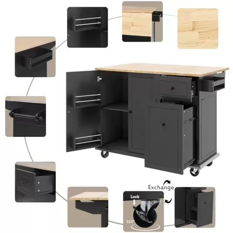 Kitchen Island With Drop Leaf, 53.9 Width Rolling Kitchen Cart On Wheels With Internal Storage Rack And 3 Tier Pull Out Cabinet Organizer, Kitchen Storage Cart With Spice 21