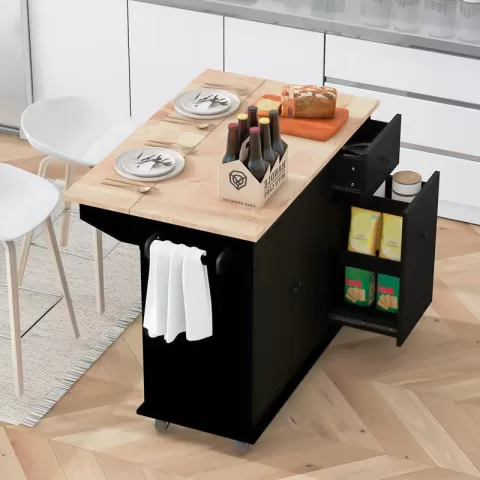 Kitchen Island With Drop Leaf, 53.9 Width Rolling Kitchen Cart On Wheels With Internal Storage Rack And 3 Tier Pull Out Cabinet Organizer, Kitchen Storage Cart With Spice 22