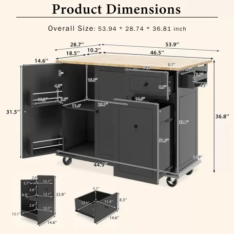 Kitchen Island With Drop Leaf, 53.9 Width Rolling Kitchen Cart On Wheels With Internal Storage Rack And 3 Tier Pull Out Cabinet Organizer, Kitchen Storage Cart With Spice 23