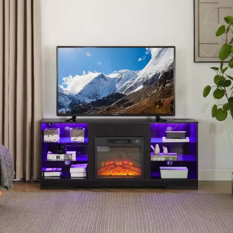 Lighted TV Stand Electric Fireplace TV Stand with Glass Shelves, 3D Fireplace TV Stand with LED Light Wood Open Shelves Table for TV up to 60-65"