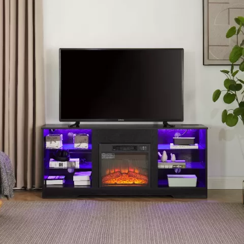 Lighted TV Stand Electric Fireplace TV Stand with Glass Shelves, 3D Fireplace TV Stand with LED Light Wood Open Shelves Table for TV up to 60-65"