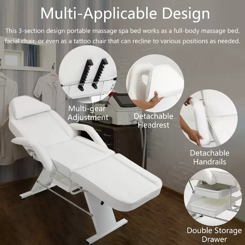 Massage Salon Tattoo Chair With Two Trays Esthetician Bed With Hydraulic Stool,multi Purpose 3 Section Facial Bed Table, Adjustable Beauty Barber Spa Beauty Equipment 1
