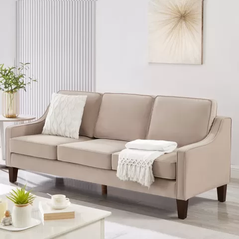 Modern 3 Piece seat Sofa Couch with Scooped Armrest/Wood legs,Upholstered Velvet 3-seat Sofa with Removable Cushions for Livingroom Bedroom,Taupe