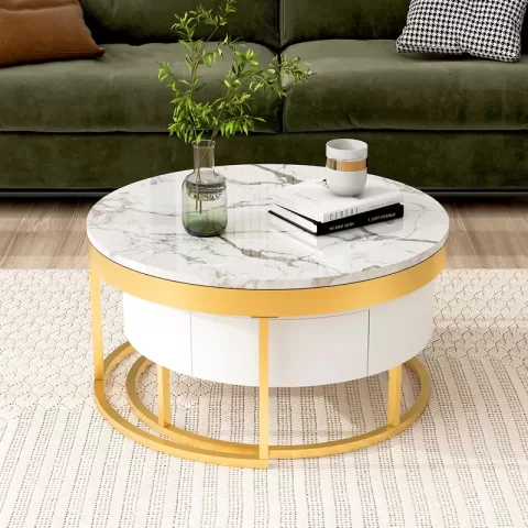 Modern Round Beautiful Nesting Coffee Table with Drawers in White Book Table Computer Table Marble Surface Living Room Laptop Table Anti-Slip