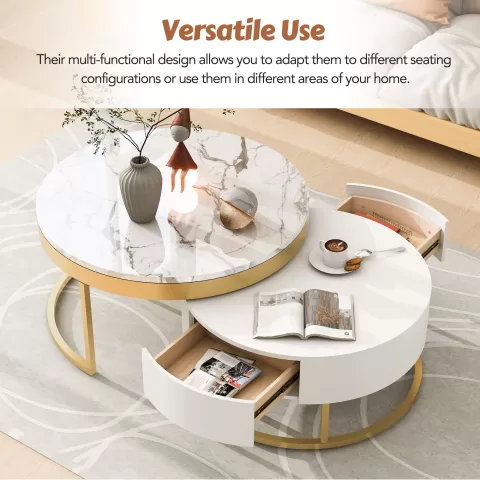 Modern Round Beautiful Nesting Coffee Table with Drawers in White Book Table Computer Table Marble Surface Living Room Laptop Table Anti-Slip