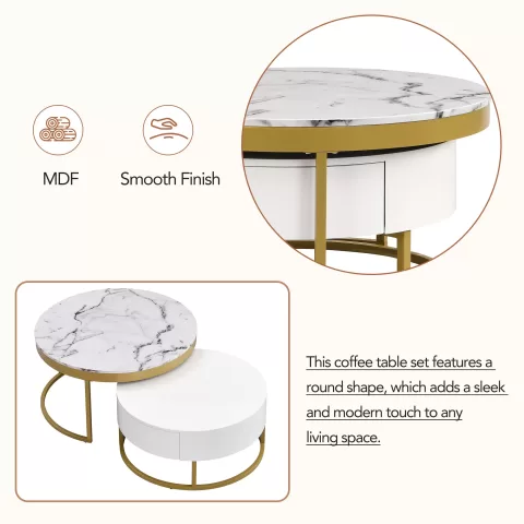Modern Round Beautiful Nesting Coffee Table with Drawers in White Book Table Computer Table Marble Surface Living Room Laptop Table Anti-Slip