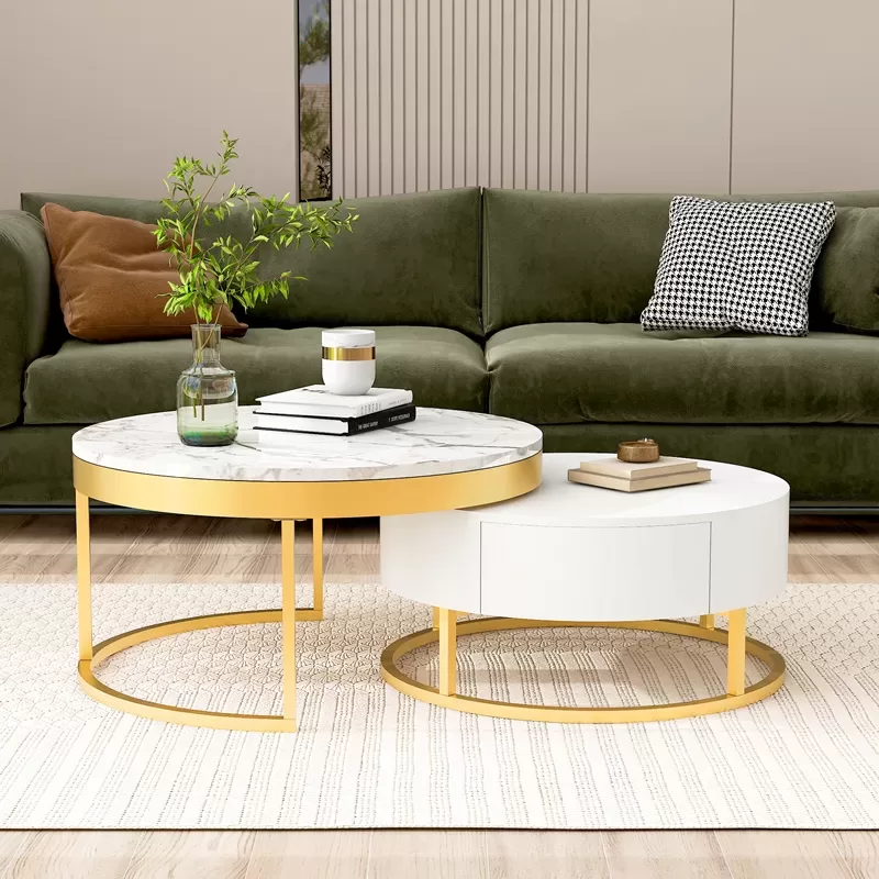 Modern Round Beautiful Nesting Coffee Table with Drawers in White Book Table Computer Table Marble Surface Living Room Laptop Table Anti-Slip
