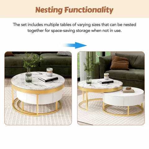 Modern Round Beautiful Nesting Coffee Table with Drawers in White Book Table Computer Table Marble Surface Living Room Laptop Table Anti-Slip