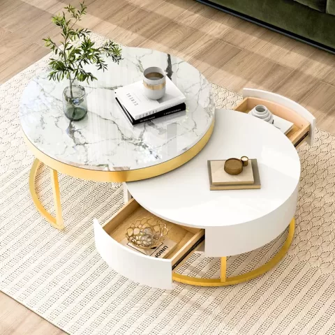 Modern Round Beautiful Nesting Coffee Table with Drawers in White Book Table Computer Table Marble Surface Living Room Laptop Table Anti-Slip