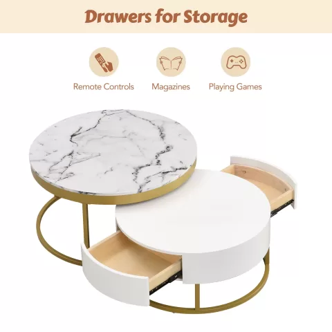 Modern Round Beautiful Nesting Coffee Table with Drawers in White Book Table Computer Table Marble Surface Living Room Laptop Table Anti-Slip