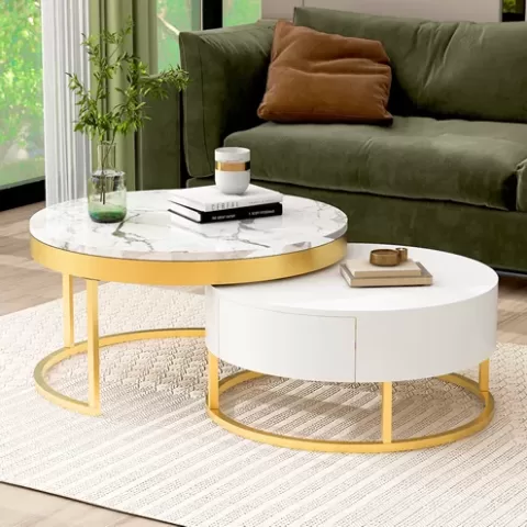 Modern Round Beautiful Nesting Coffee Table with Drawers in White Book Table Computer Table Marble Surface Living Room Laptop Table Anti-Slip