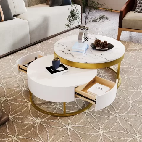 Modern Round Beautiful Nesting Coffee Table with Drawers in White Book Table Computer Table Marble Surface Living Room Laptop Table Anti-Slip