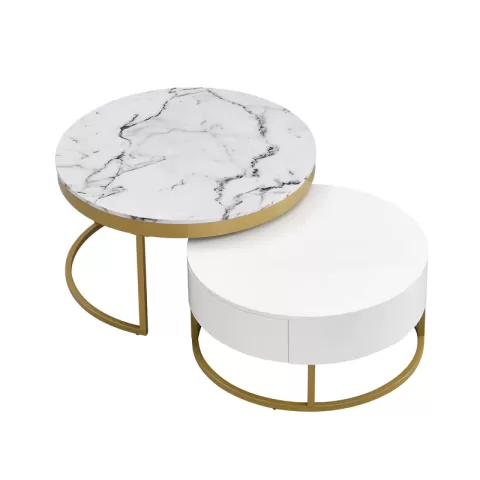 Modern Round Beautiful Nesting Coffee Table with Drawers in White Book Table Computer Table Marble Surface Living Room Laptop Table Anti-Slip