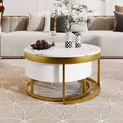 Modern Round Beautiful Nesting Coffee Table with Drawers in White Book Table Computer Table Marble Surface Living Room Laptop Table Anti-Slip