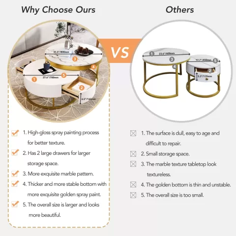 Modern Round Beautiful Nesting Coffee Table with Drawers in White Book Table Computer Table Marble Surface Living Room Laptop Table Anti-Slip