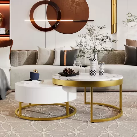 Modern Round Beautiful Nesting Coffee Table with Drawers in White Book Table Computer Table Marble Surface Living Room Laptop Table Anti-Slip
