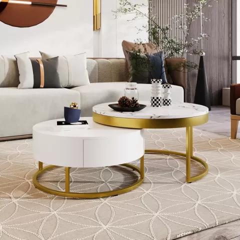Modern Round Beautiful Nesting Coffee Table with Drawers in White Book Table Computer Table Marble Surface Living Room Laptop Table Anti-Slip