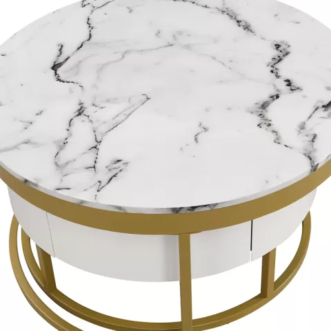 Modern Round Beautiful Nesting Coffee Table with Drawers in White Book Table Computer Table Marble Surface Living Room Laptop Table Anti-Slip