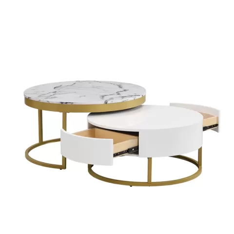 Modern Round Beautiful Nesting Coffee Table with Drawers in White Book Table Computer Table Marble Surface Living Room Laptop Table Anti-Slip