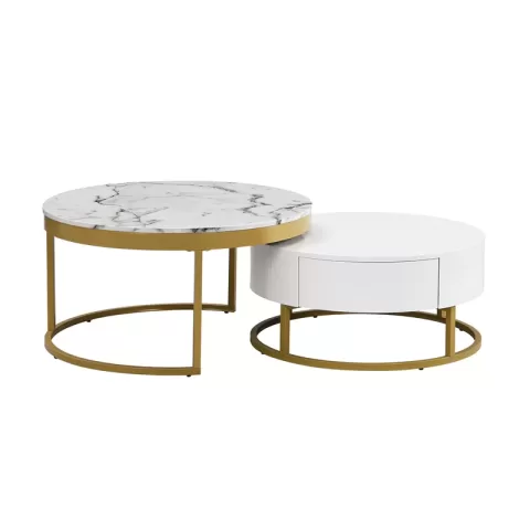 Modern Round Beautiful Nesting Coffee Table with Drawers in White Book Table Computer Table Marble Surface Living Room Laptop Table Anti-Slip