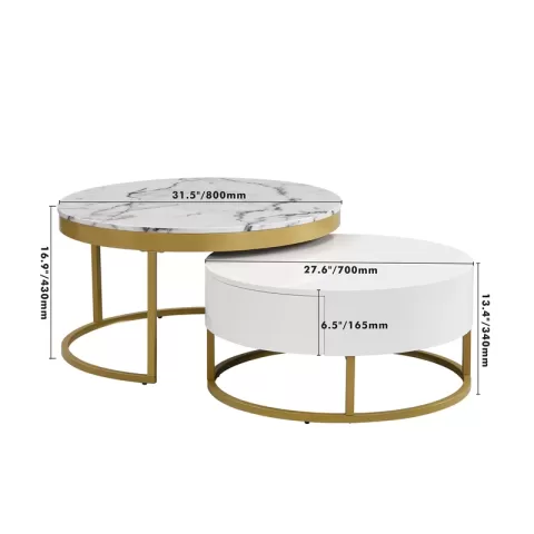 Modern Round Beautiful Nesting Coffee Table with Drawers in White Book Table Computer Table Marble Surface Living Room Laptop Table Anti-Slip