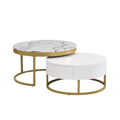 Modern Round Beautiful Nesting Coffee Table with Drawers in White Book Table Computer Table Marble Surface Living Room Laptop Table Anti-Slip