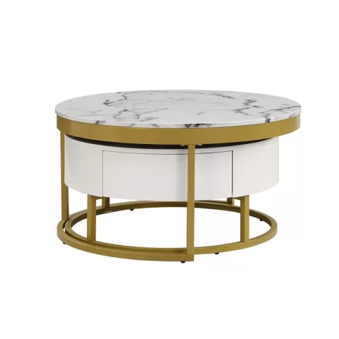 Modern Round Beautiful Nesting Coffee Table with Drawers in White Book Table Computer Table Marble Surface Living Room Laptop Table Anti-Slip
