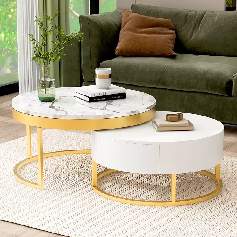 Modern Round Beautiful Nesting Coffee Table with Drawers in White Book Table Computer Table Marble Surface Living Room Laptop Table Anti-Slip