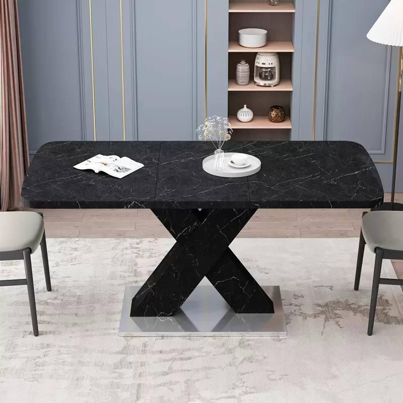Modern Square Dining Table, Stretchable, White Marble Table Top+mdf X Shape Table Leg With Metal Base 10