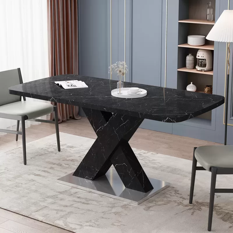 Modern Square Dining Table, Stretchable, White Marble Table Top+mdf X Shape Table Leg With Metal Base 4