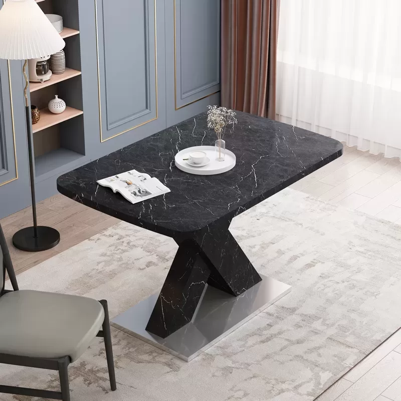 Modern Square Dining Table, Stretchable, White Marble Table Top+mdf X Shape Table Leg With Metal Base 6