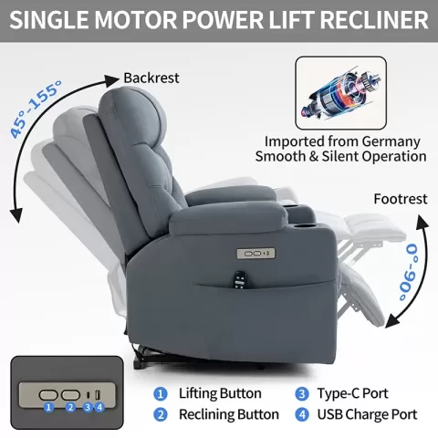 Okin Motor Up To 350 Lbs Power Lift Recliner Chair, Heavy Duty Motion Mechanism With 8 Point Vibration Massage And Lumbar Heating, Cup Holders, Usb And Type C Ports, Removable Cushions 10