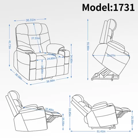 Okin Motor Up To 350 Lbs Power Lift Recliner Chair, Heavy Duty Motion Mechanism With 8 Point Vibration Massage And Lumbar Heating, Cup Holders, Usb And Type C Ports, Removable Cushions 15