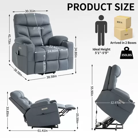 Okin Motor Up To 350 Lbs Power Lift Recliner Chair, Heavy Duty Motion Mechanism With 8 Point Vibration Massage And Lumbar Heating, Cup Holders, Usb And Type C Ports, Removable Cushions 17