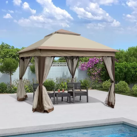 Outdoor 11x 11ft Pop Up Gazebo Canopy With Removable Zipper Netting,2 Tier Soft Top Event Tent,suitable For Patio Backyard Garden Camping Area,coffee 10