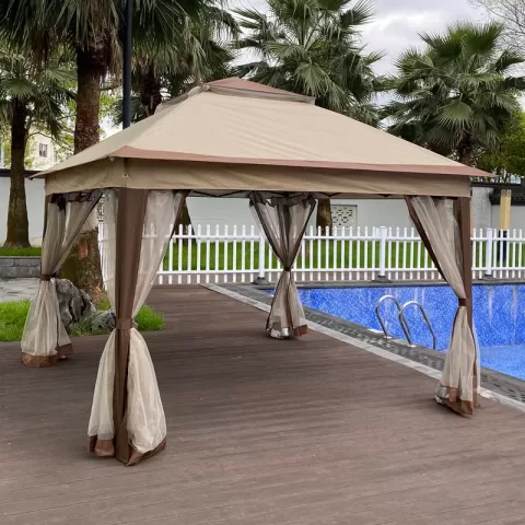 Outdoor 11x 11ft Pop Up Gazebo Canopy With Removable Zipper Netting,2 Tier Soft Top Event Tent,suitable For Patio Backyard Garden Camping Area,coffee 15