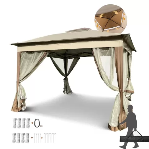 Outdoor 11x 11ft Pop Up Gazebo Canopy With Removable Zipper Netting,2 Tier Soft Top Event Tent,suitable For Patio Backyard Garden Camping Area,coffee 2