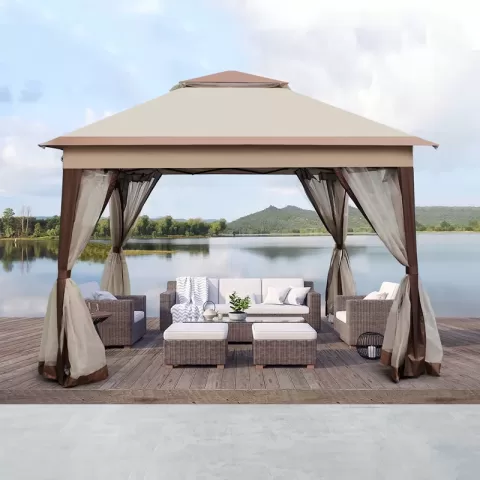 Outdoor 11x 11ft Pop Up Gazebo Canopy With Removable Zipper Netting,2 Tier Soft Top Event Tent,suitable For Patio Backyard Garden Camping Area,coffee 9
