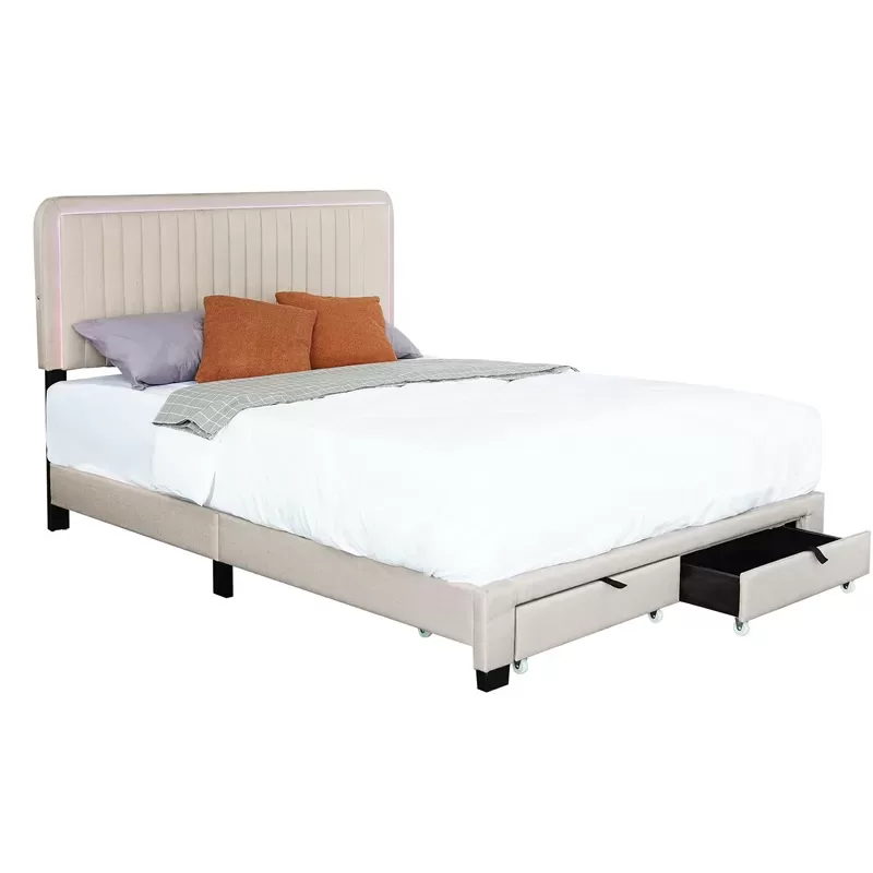 Queen Size Upholstered Bed With Adjustable Height Mattress 10 To 14 Inches Led Design With Footboard Drawers Storage No Box Spring Required Beige 1