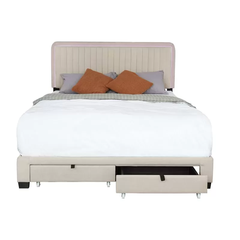 Queen Size Upholstered Bed With Adjustable Height Mattress 10 To 14 Inches Led Design With Footboard Drawers Storage No Box Spring Required Beige 2