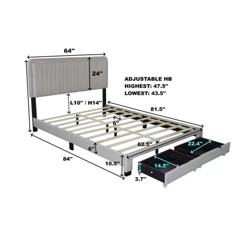 Queen Size Upholstered Bed With Adjustable Height Mattress 10 To 14 Inches Led Design With Footboard Drawers Storage No Box Spring Required Beige 5