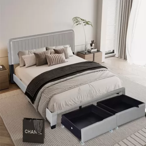 Queen Size Upholstered Bed With Adjustable Height Mattress 10 To 14 Inches Led Design With Footboard Drawers Storage No Box Spring Required Beige 9